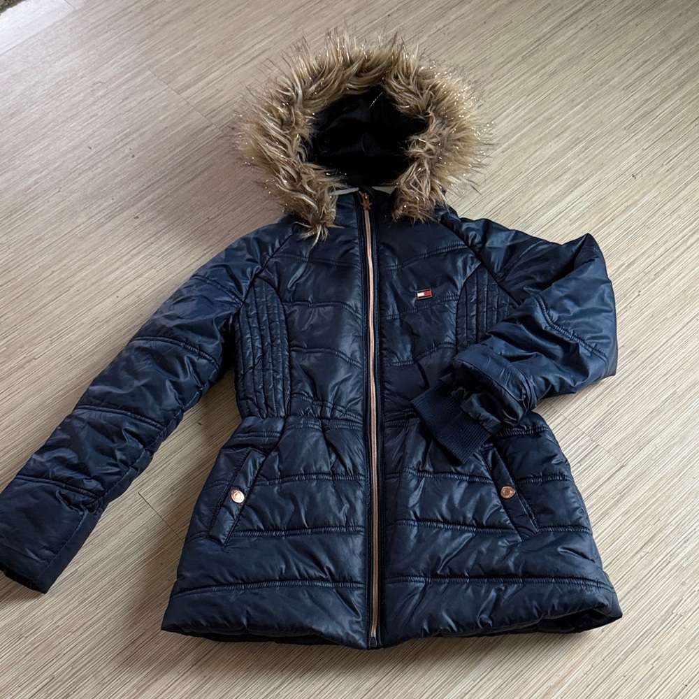 Tommy Hilfiger Navy Kids Jacket with Faux Fur Hood Size 12-14 (L)